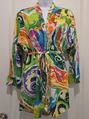 Vintage JAMS WORLD Womens XL Button Shirt Cirque Soleil Green Print Tunic